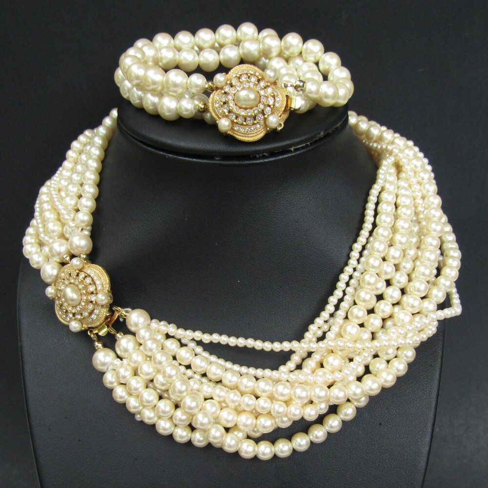 Vintage Carolee Necklace Bracelet Set Faux Pearl Multistrand Ivory Box Clasp